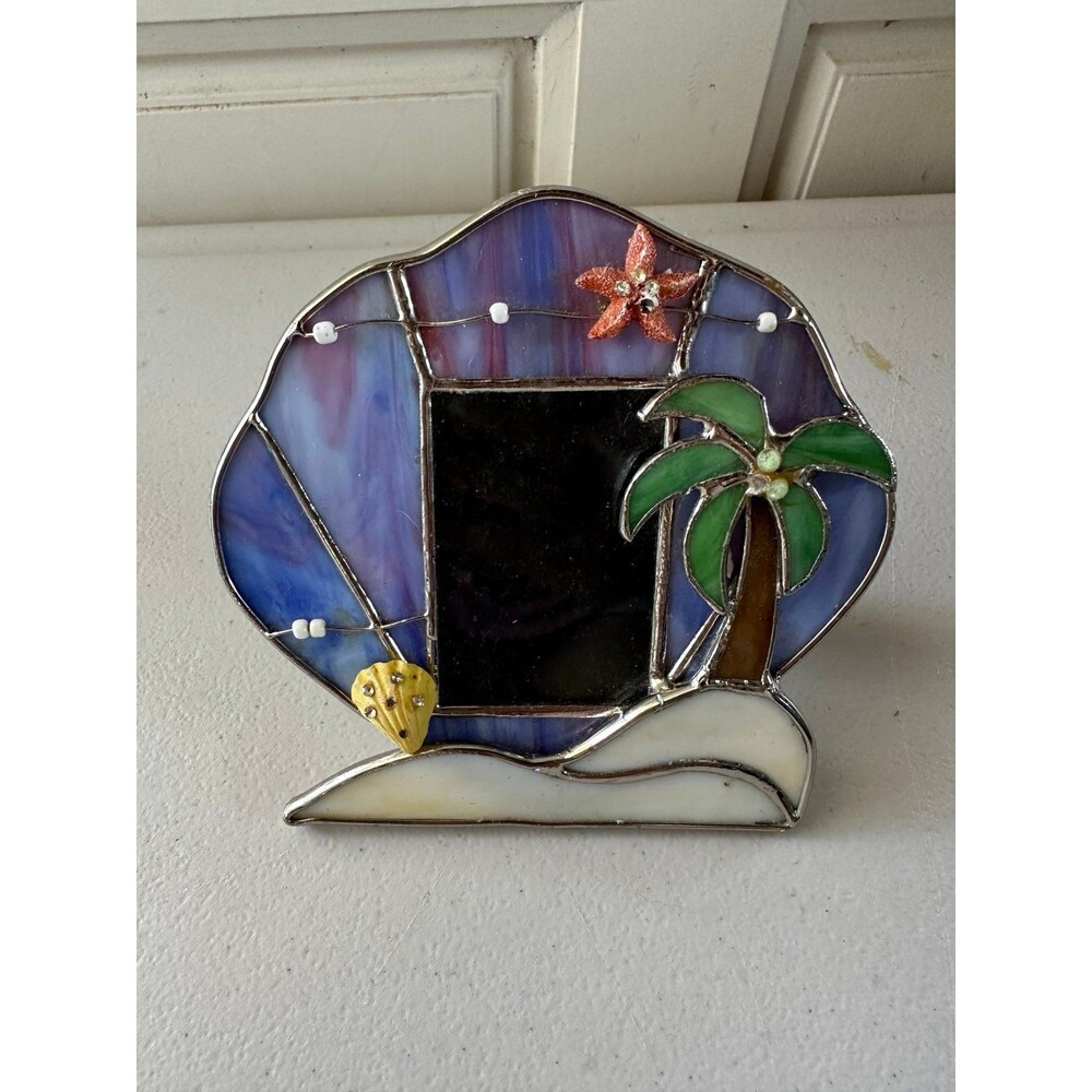 Vintage Stained Glass Tropical Beach Sea Shells Palm Tree Table Picture Frame - Picture 2 of 3
